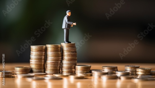 Miniature businessman standing on a stack of coins, business and finance concept