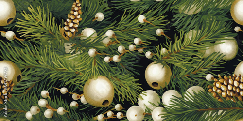 Seamless vector winter pattern. Wintery cedar bough pattern, pearls, pine, foliage
