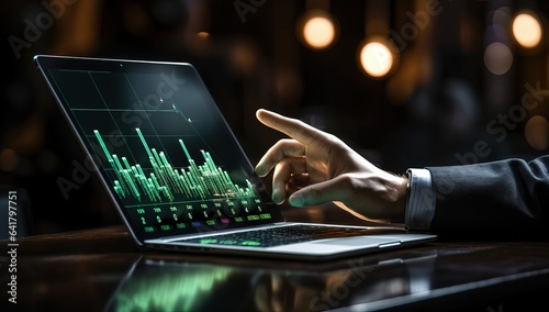 Businessman working on laptop in dark office. Close up of hands using laptop with stock market chart on screen.