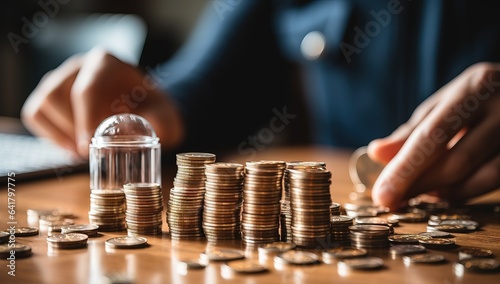 Close up of businessman hand putting coin stack on the table. Business and finance concept.