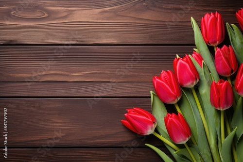 Bouquet of red tulips on wooden background. Top view with copy space