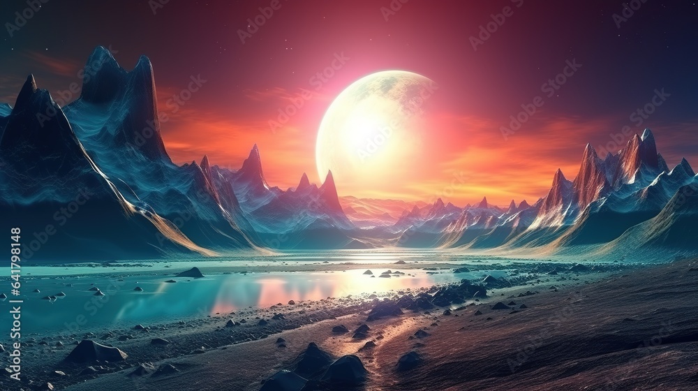 Alien planet cold blue mountain valley landscape. sci fi landscape - obrazy, fototapety, plakaty 