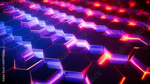 Neon hexagons interlinking in dynamic arrays