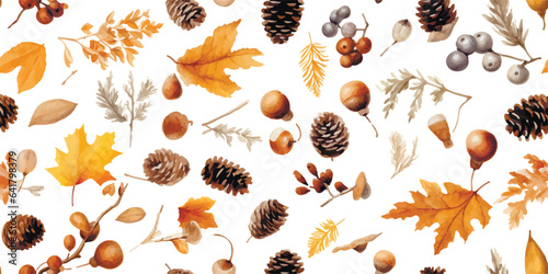 Delightful Seamless Pattern Showcasing The Natural Beauty Of Acorns And Pine Cones, Creating A Charming And Rustic Design Suitable For Wallpaper, Textile and Decor. Cartoon Vector Illustration