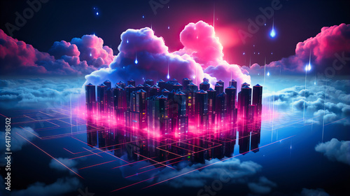 Glowing neon clouds storing virtual data