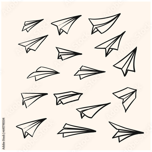 Vector paper airplane. Travel, route symbol. Set of hand drawn paper airplane vector illustrations. Isolated. Outline. Hand drawn doodle airplane. Black linear paper airplane icon.