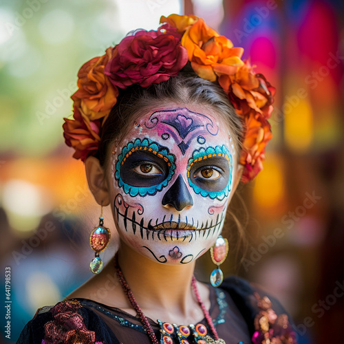 Women with painted skulls on faces against dark color background. Celebration of Mexico's Day of the Dead (El Dia de Muertos) © riccardozamboni