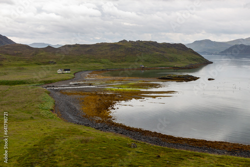 Lake shore with stones, grass and mountains in the background