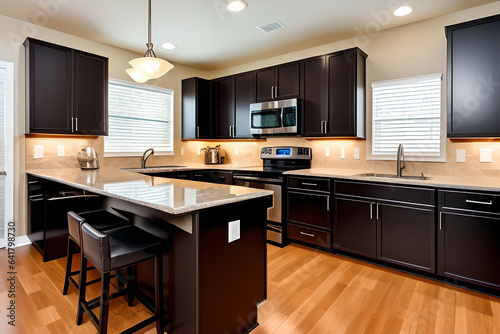 Luxurious black kitchen interior offering steel appliances  microwave  stove and granite countertops for the kitchen cabinetry. Parquet floor