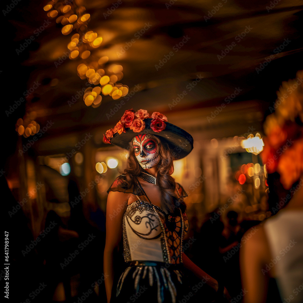 Fototapeta premium Women with painted skulls on faces against dark color background. Celebration of Mexico's Day of the Dead (El Dia de Muertos)