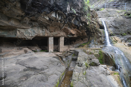 The Pitalkhora Caves, in the Satmala range of the Western Ghats of Maharashtra, India, are an ancient Buddhist site consisting of 14 rock-cut cave monuments which date back to the third century BCE. photo
