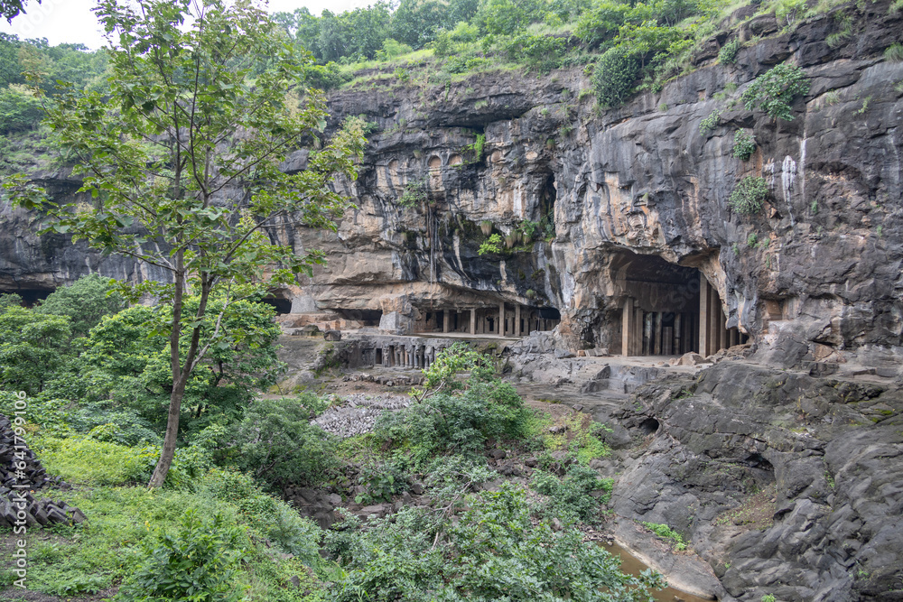 The Pitalkhora Caves, in the Satmala range of the Western Ghats of Maharashtra, India, are an ancient Buddhist site consisting of 14 rock-cut cave monuments which date back to the third century BCE.
