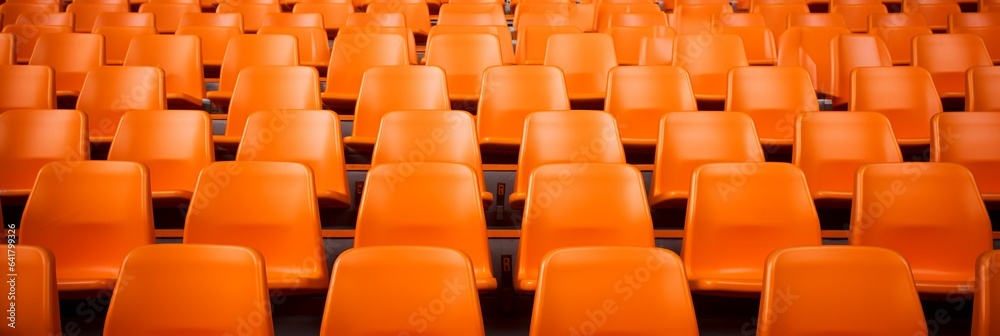 Naklejka premium Seats of orange tribune on sport stadium. empty outdoor arena. concept of fans. chairs for audience. cultural environment concept. color and symmetry. empty seats. modern stadium