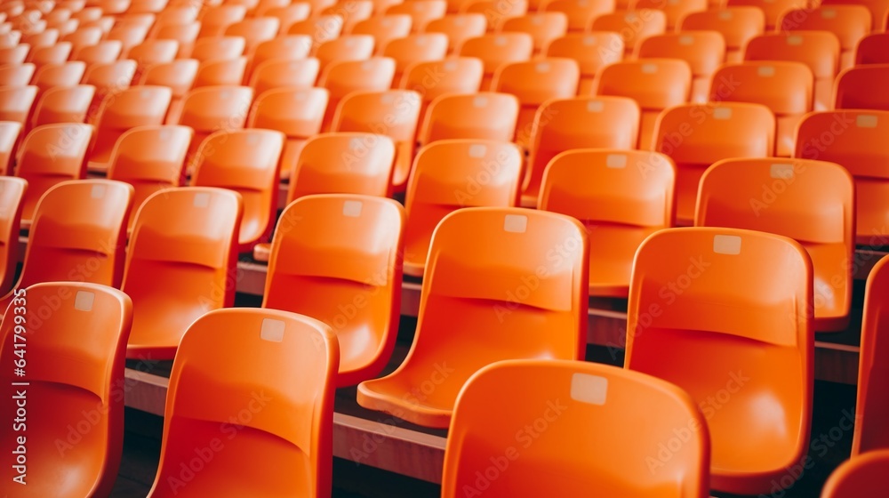 Seats of orange tribune on sport stadium. empty outdoor arena. concept of fans. chairs for audience. cultural environment concept. color and symmetry. empty seats. modern stadium Seats of orange tribune on sport stadium. empty outdoor arena. concept of fans. chairs for audience. cultural environment concept. color and symmetry. empty seats. modern stadium
