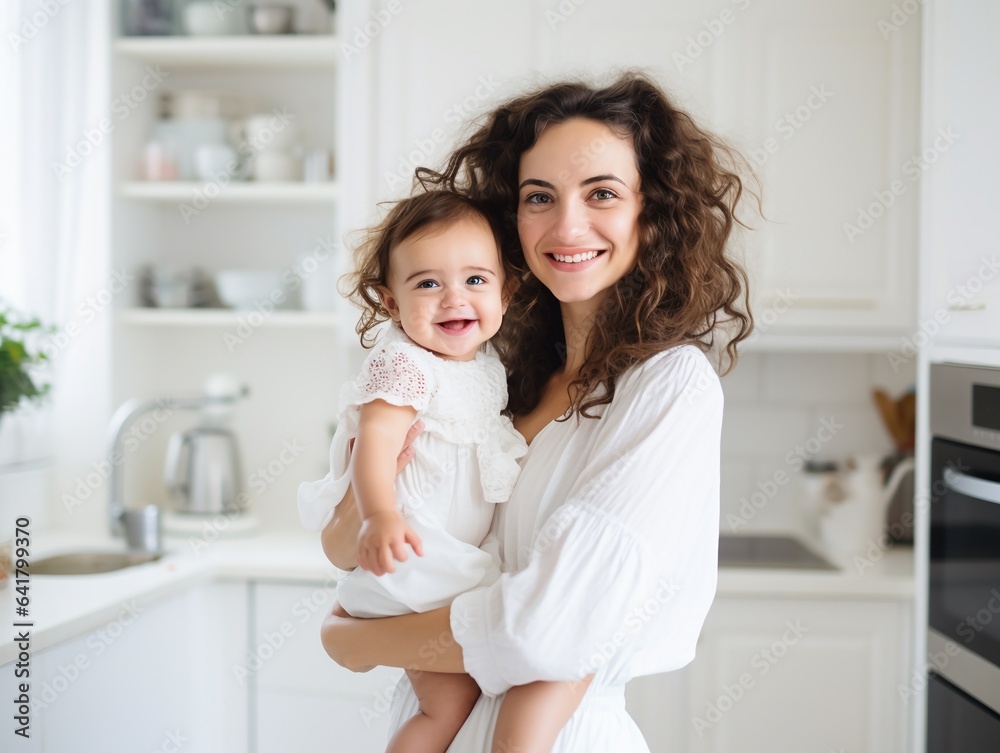 mother hugging baby tenderly with cheerful expression on face, on blurred bright modern kitchen background, concept of raising baby, family and love, housewife lifestyle etc, with copy space. mother hugging baby tenderly with cheerful expression on face, on blurred bright modern kitchen background, concept of raising baby, family and love, housewife lifestyle etc, with copy space.