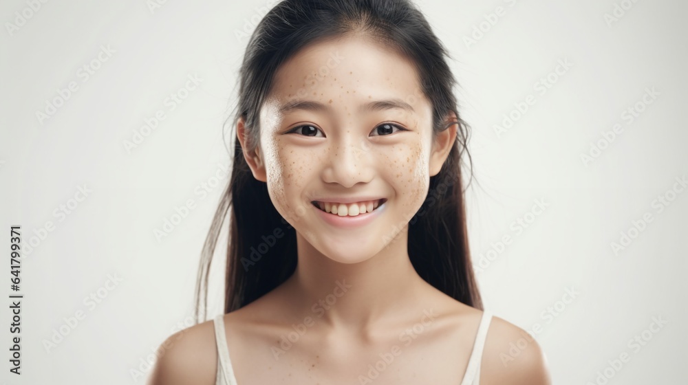 Beautiful smiling asian girl with freckles on her face confidently isolated on white background, concept of perfectly imperfection.