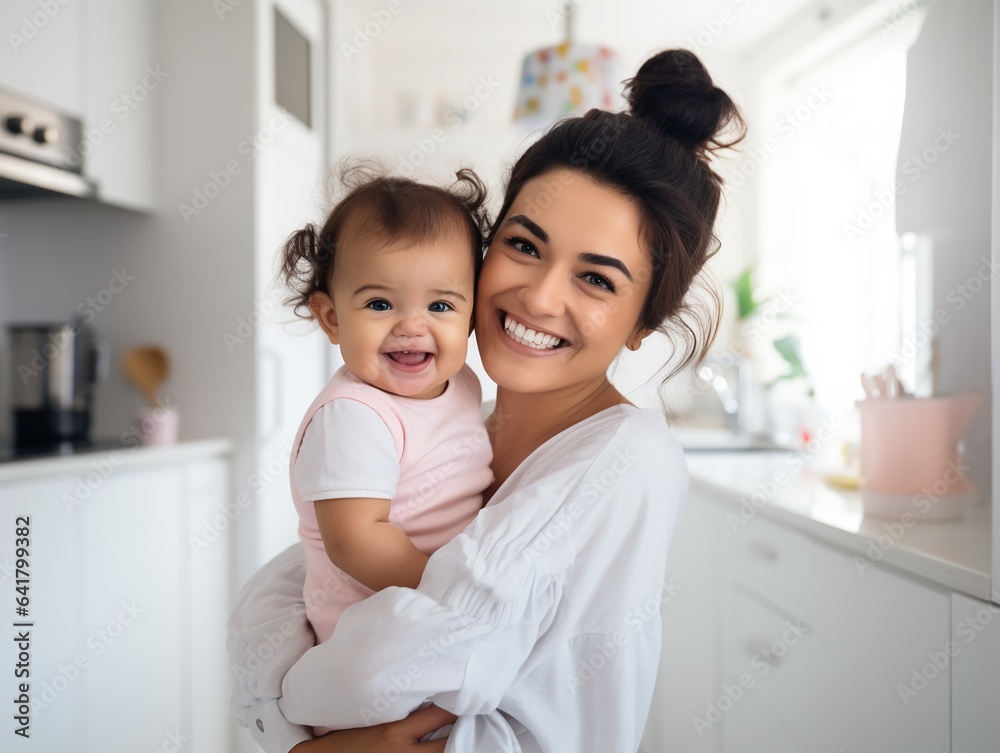 mother hugging baby tenderly with cheerful expression on face, on blurred bright modern kitchen background, concept of raising baby, family and love, housewife lifestyle etc, with copy space. mother hugging baby tenderly with cheerful expression on face, on blurred bright modern kitchen background, concept of raising baby, family and love, housewife lifestyle etc, with copy space.