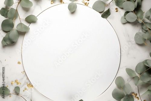 Golden Circle Eucalyptus Frame on White Marble - Minimalist Wellness Background Template