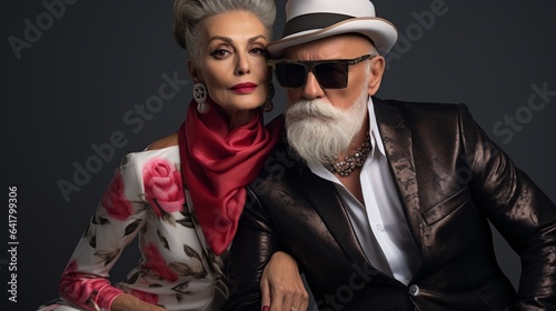 Elder stylish fashion couple studio photography portrait with sunglasses, modern lifestyle concept.