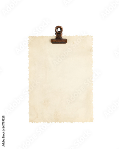 Empty vintage photo card with retro clip isolated on white background © BarTa