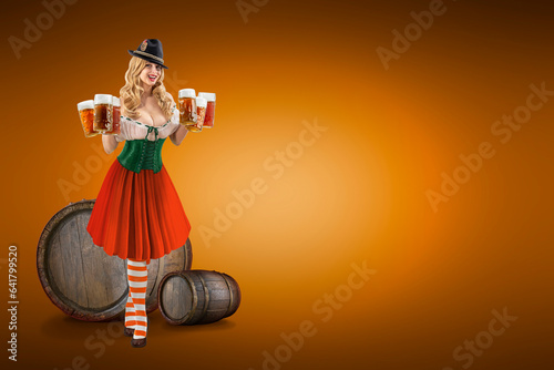 Oktoberfest girl waitress. Woman in dirndl, tyrolean hat serving big beer mugs on isolated background. Traditional Bavarian, German, Austrian party, autumn festival.