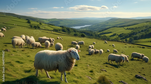 Herd of Sheep Amidst the Verdant Hill. Generative AI