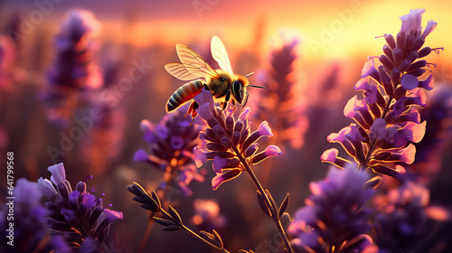 Floral Elegance. A bee flying over a bunch of purple flowers in a field of lavenders at sunset or dawn with a yellow sky. Generative AI © lander