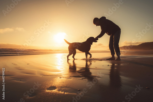 Beachside Fetch Fun: Dog and Owner Enjoy Evening Play as Sun Sets