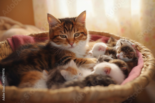 Peaceful Morning Affection: Mother Cat Tenderly Cuddles Newborn Kittens in Cozy Indoor Nest