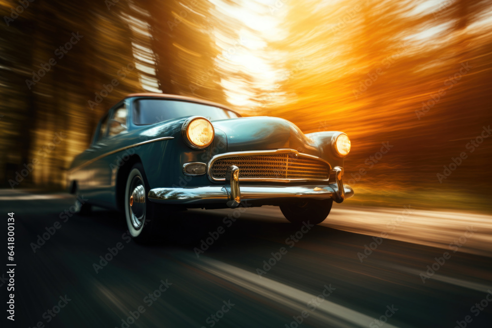 Car is driving on country road with motion blur effect. Retro car is moving at high speed in natural landscape