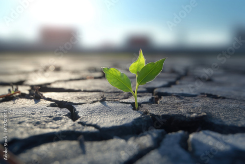 Small green plant growth through cracks in asphalt. Struggle for survival concept. Sprout growing through road