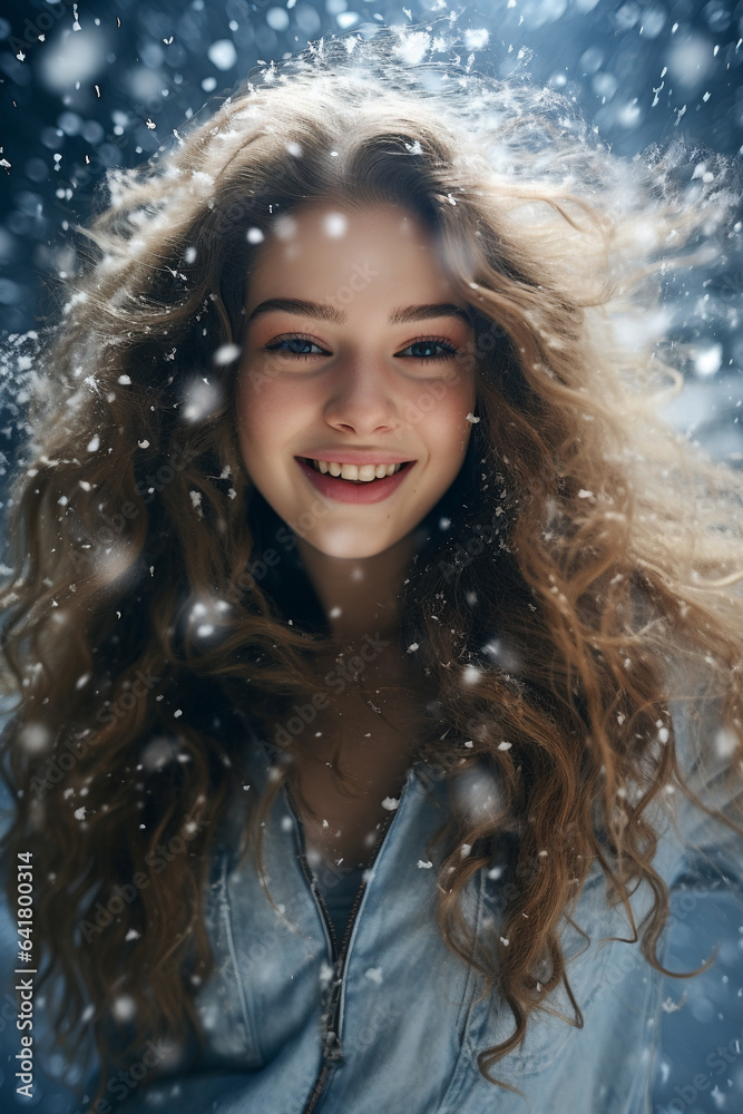 Christmas girl rejoices in the snowfall on a neutral background Christmas girl rejoices in the snowfall on a neutral background