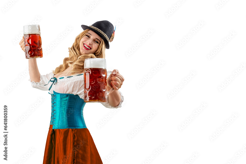 Oktoberfest girl waitress. Woman in dirndl, tyrolean hat serving big beer mugs on isolated background. Traditional Bavarian, German, Austrian party, autumn festival Oktoberfest girl waitress. Woman in dirndl, tyrolean hat serving big beer mugs on isolated background. Traditional Bavarian, German, Austrian party, autumn festival