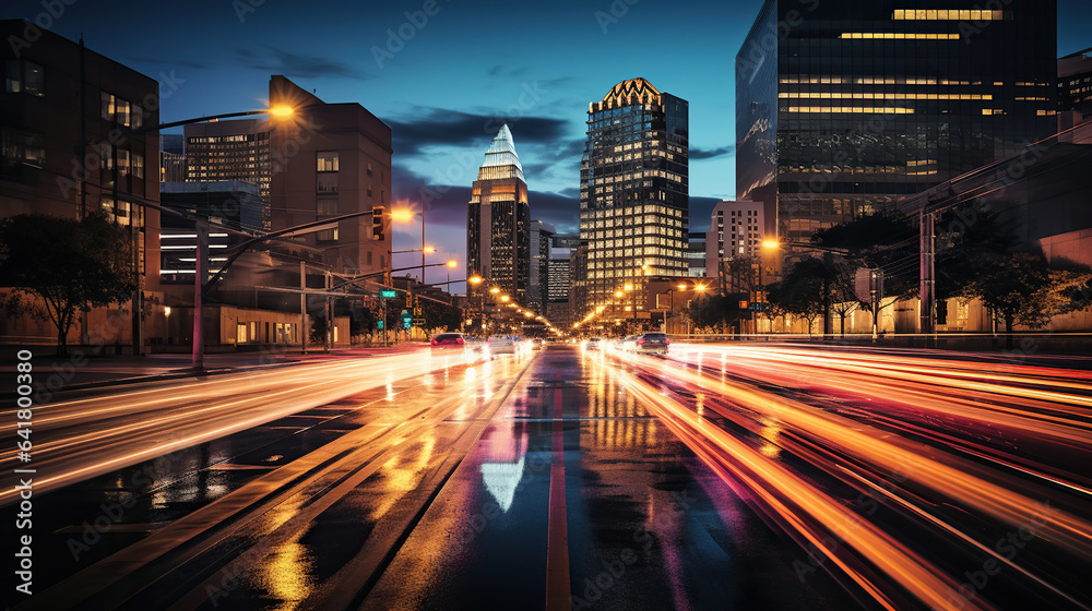 Fototapeta premium Long exposure lights, traffic at night in the city. Generative AI