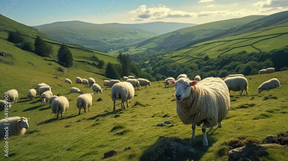 Nature's Flock, A herd of sheep standing on top of a lush green hillside. Generative AI