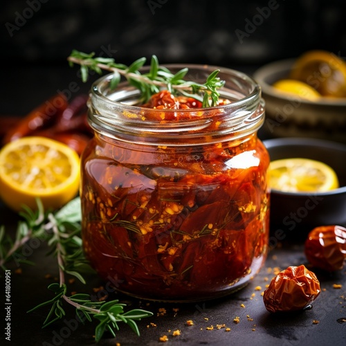 Sun Dried Tomato Preserving in a Glass Jar with Thyme and Garlic. Generative AI