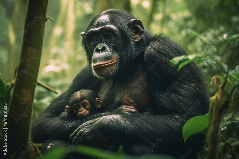 Obraz premium Loving Rainforest Bond: Chimpanzee Mother's Gentle Grooming in Humid Canopy