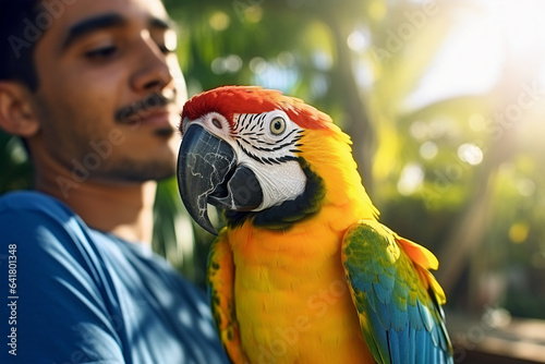 Morning Serenity: Pet Parrot and Owner Stroll Gracefully in Sunny Botanical Garden