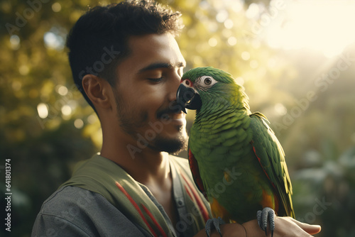 Enchanting Garden Stroll: Pet Parrot Perches on Owner's Shoulder in Morning Light