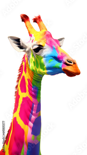 Colorful giraffe head and neck. Colors of the rainbow. Transparent background.