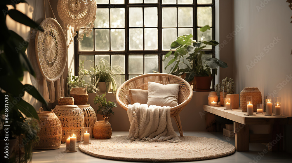 Neutral boho decor in light living room, wicker lamps,soft furniture, green plants and candles. Warm room interior in boho style. Generative AI