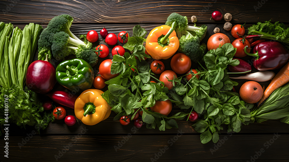 Fruits and vegetables from the garden on a wooden table. Overhead shot and copy space. World vegan day. Fruits and vegetables from the garden on a wooden table. Overhead shot and copy space. World vegan day.