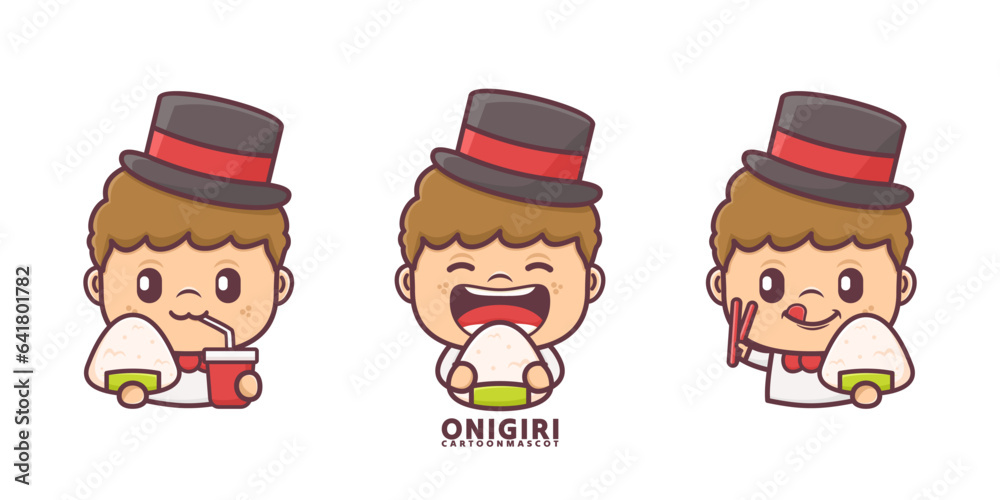 cute cartoon mascot with onigiri. set cartoon vector with different expressions cute cartoon mascot with onigiri. set cartoon vector with different expressions