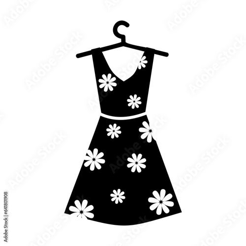 Black silhouette of summer women dress with floral ornament isolated on white. Summer fashion cartoon illustration. Summer, beach holidays concept. Simple black and white vector