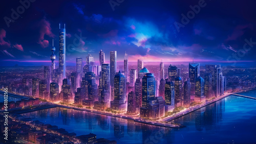 Nighttime Cityscapes with Illuminated Skyscrapers and Vibrant City Lights AI Generated 8K. © PixelFusion Creation