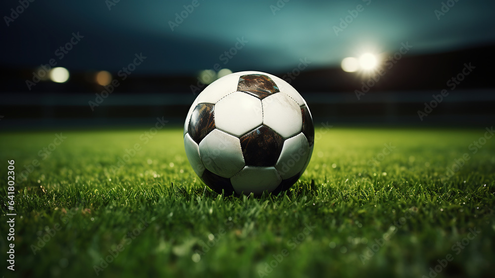Fototapeta premium Football Ball Awaits Play on Lush Green Stadium Turf. Generative AI