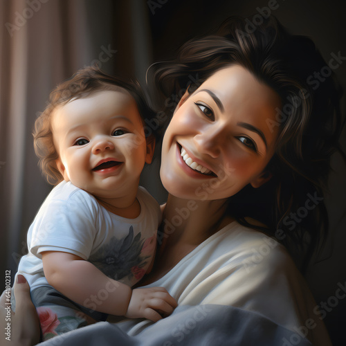 At home with the mother-child duo: A beaming mom sharing joyful moments with her adorable baby. AI Generated