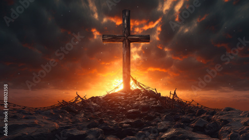 Cross of Redemption: A Powerful Image of a Cross, Symbolizing the Sacrifice and Redemption in Christianity and God. AI Generated 8K.