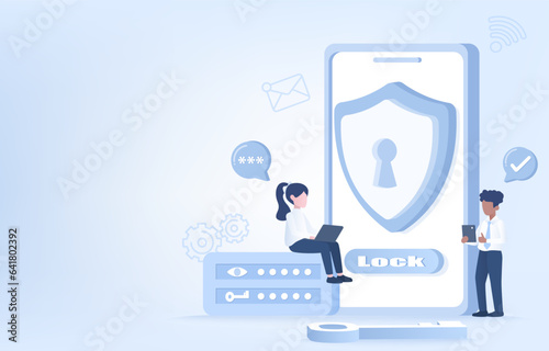 Safety, security and protection concept. Account protect, strong password, encryption key, firewall, verify, sensitive data from cyber attack and threats. Flat vector design illustration copy space.