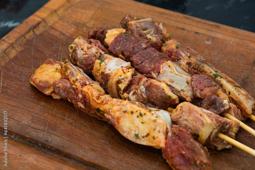 ribs espetinho (ribs meat skewer), traditional brazilian barbecue with meat on skewer